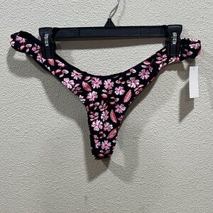 LRD Performance Floral Thong Bikini Bottom - Black with Pink & White Flowers